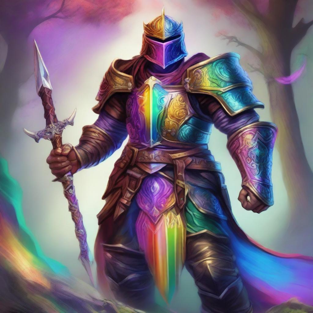 An exquisite digital art image in the style of Dungeons and Dragons, featuring a set of slim armor with a vibrant rainbow color scheme