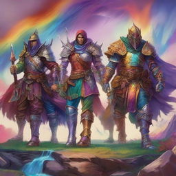 An exquisite digital art image in the style of Dungeons and Dragons, featuring a set of slim armor with a vibrant rainbow color scheme