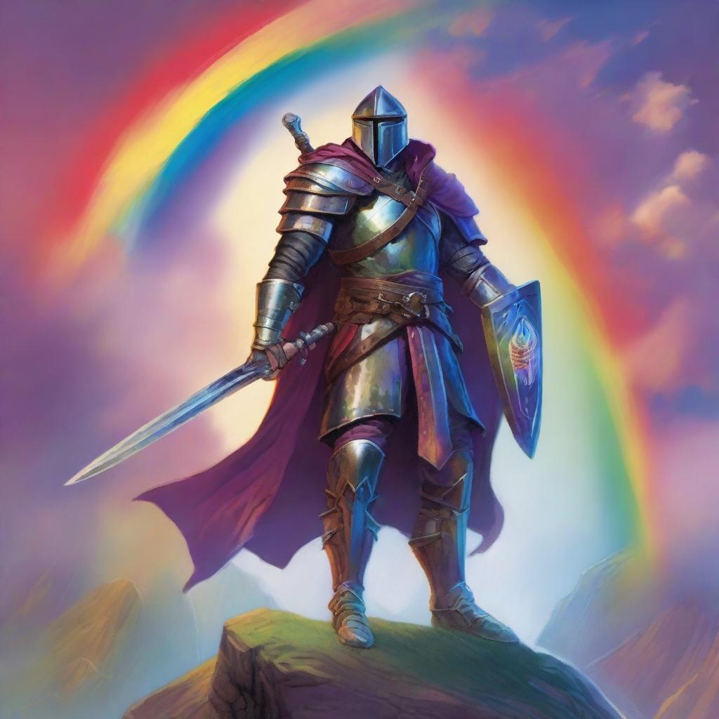 A vibrant, high-quality image in the style of Dungeons and Dragons art, featuring a rainbow set of slim armor without a helmet