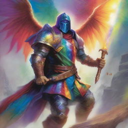 A vibrant, high-quality image in the style of Dungeons and Dragons art, featuring a rainbow set of slim armor without a helmet