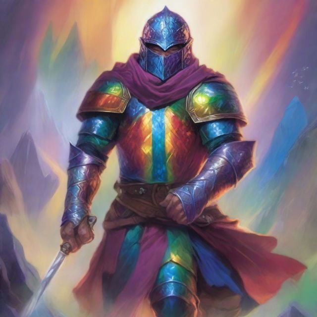 A vibrant, high-quality image in the style of Dungeons and Dragons art, featuring a rainbow set of slim armor without a helmet