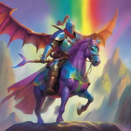 A vibrant, high-quality image in the style of Dungeons and Dragons art, featuring a rainbow set of slim armor without a helmet