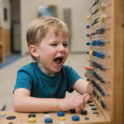 A young boy joyfully interacting with a music board, adjusting knobs and playing with enthusiasm.