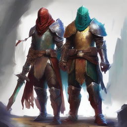 A detailed digital art image in the style of Dungeons and Dragons, depicting a set of slim armor covered in various splashes of paint