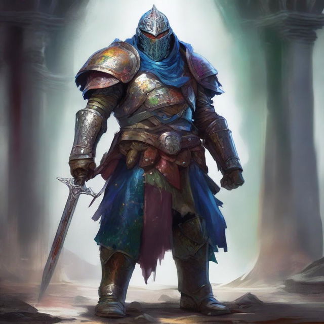 A detailed digital art image in the style of Dungeons and Dragons, depicting a set of slim armor covered in various splashes of paint