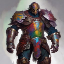 A detailed digital art image in the style of Dungeons and Dragons, depicting a set of slim armor covered in various splashes of paint