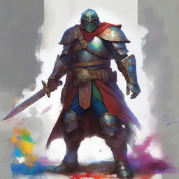 A detailed digital art image in the style of Dungeons and Dragons, depicting a set of slim armor covered in various splashes of paint