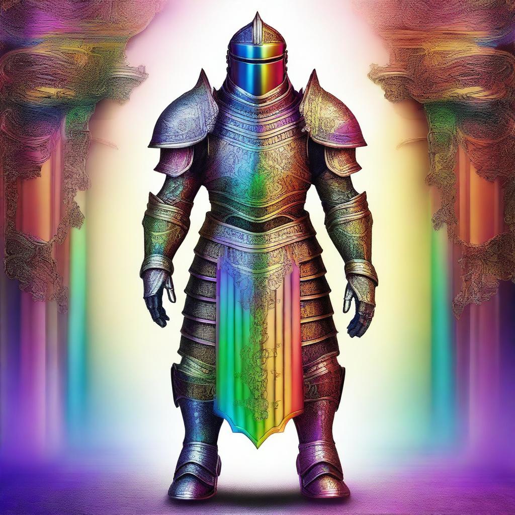 A vibrant, high-quality digital art image showcasing a set of armor without a helmet, designed in a rainbow color scheme