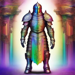 A vibrant, high-quality digital art image showcasing a set of armor without a helmet, designed in a rainbow color scheme