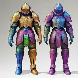 A vibrant, high-quality digital art image showcasing a set of armor without a helmet, designed in a rainbow color scheme