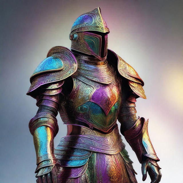 A stunning digital art image showcasing a set of armor without a helmet, beautifully adorned with a vibrant rainbow color scheme