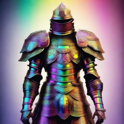 A stunning digital art image showcasing a set of armor without a helmet, beautifully adorned with a vibrant rainbow color scheme