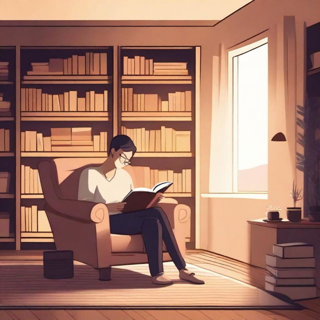 A person sitting comfortably in a cozy room, reading a book