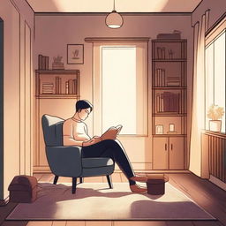 A person sitting comfortably in a cozy room, reading a book