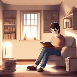 A person sitting comfortably in a cozy room, reading a book