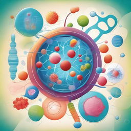 A detailed illustration of a biology concept, such as the human cell, with a vibrant and educational background