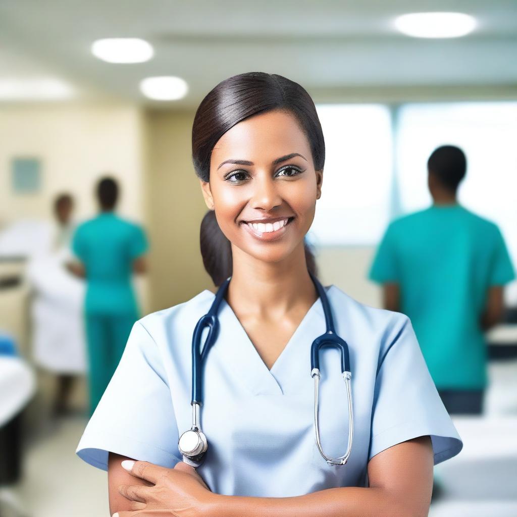 A friendly nurse standing in a hospital setting, wearing a professional uniform with a stethoscope around their neck