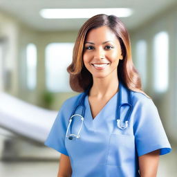 A friendly nurse standing in a hospital setting, wearing a professional uniform with a stethoscope around their neck