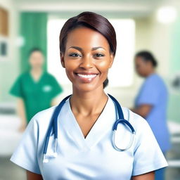 A friendly nurse standing in a hospital setting, wearing a professional uniform with a stethoscope around their neck