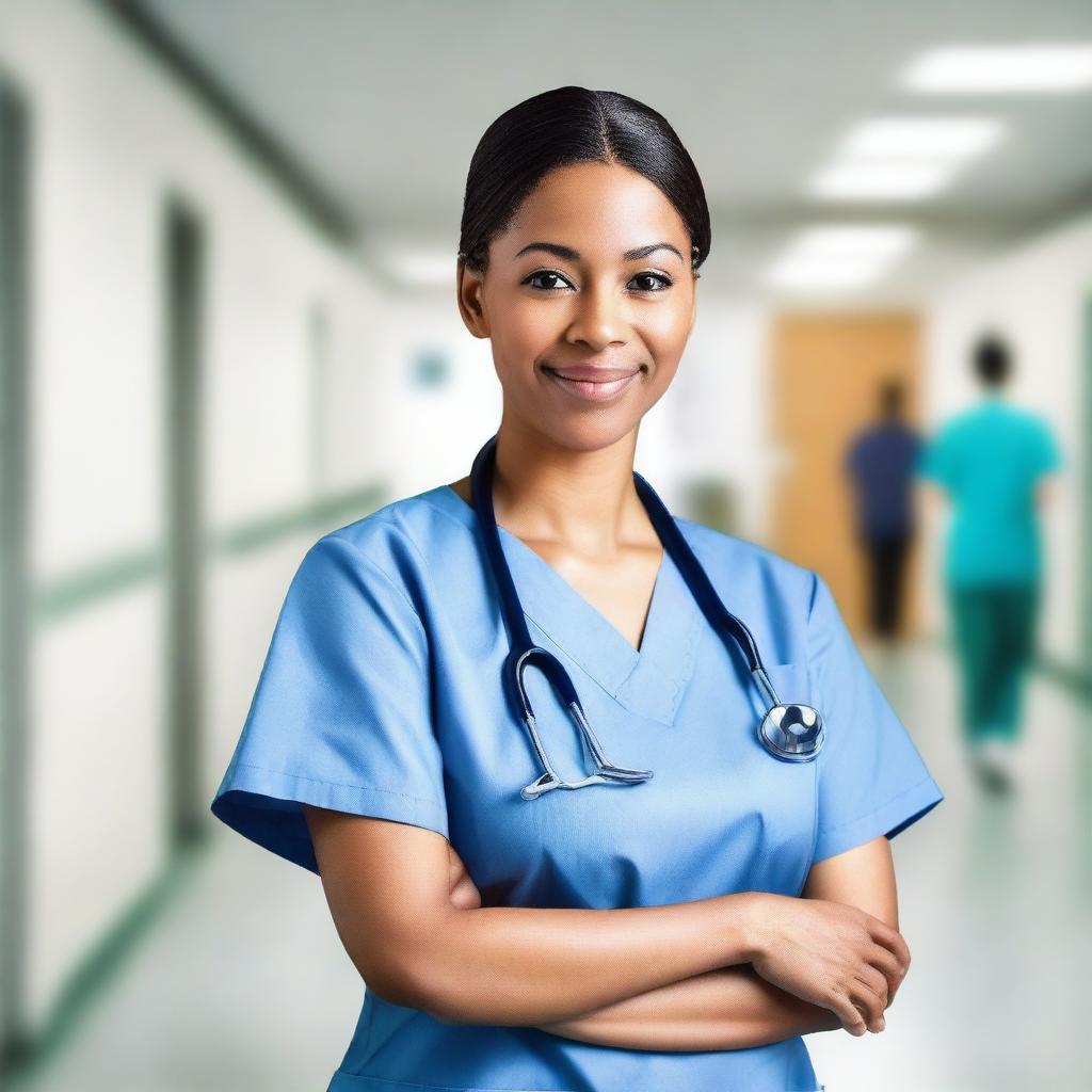 A friendly nurse standing in a hospital setting, wearing a professional uniform with a stethoscope around their neck