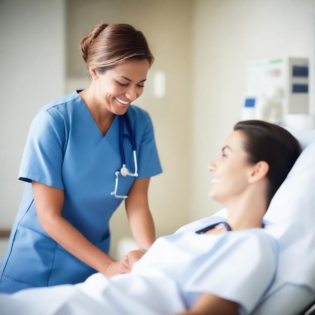 A friendly nurse attending to a patient in a hospital room