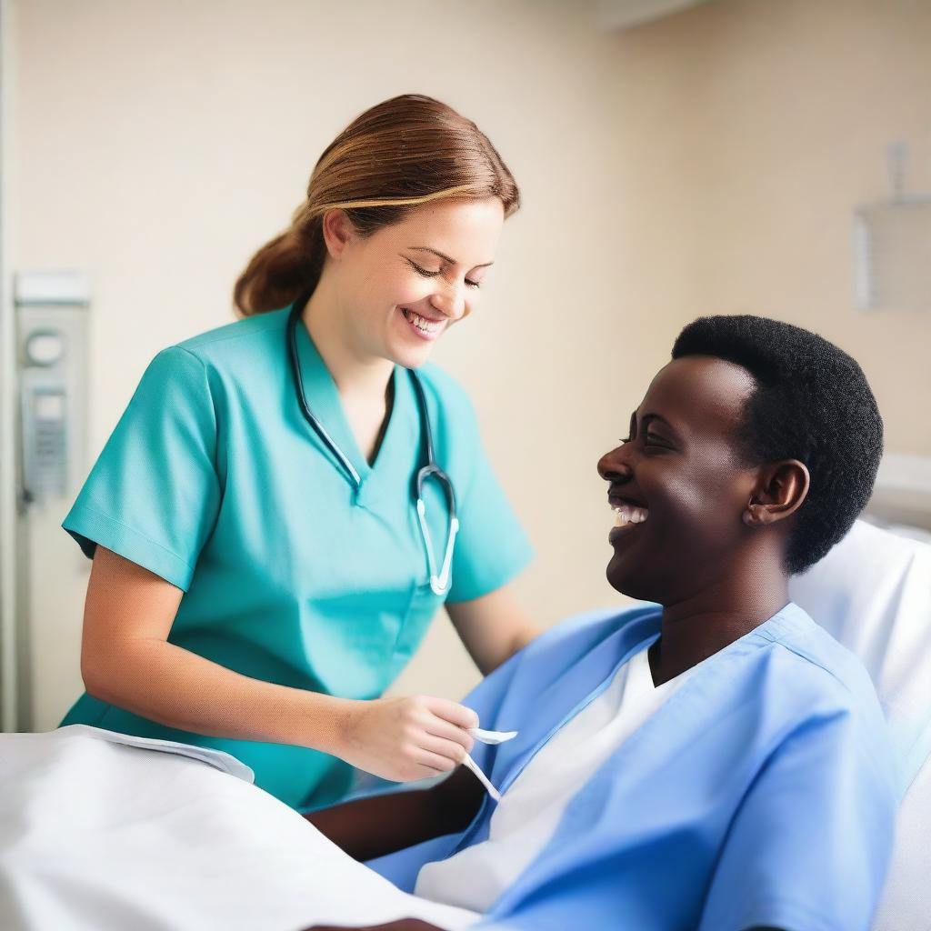 A friendly nurse attending to a patient in a hospital room