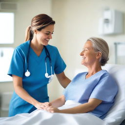 A friendly nurse attending to a patient in a hospital room