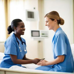 A friendly nurse attending to a patient in a hospital room