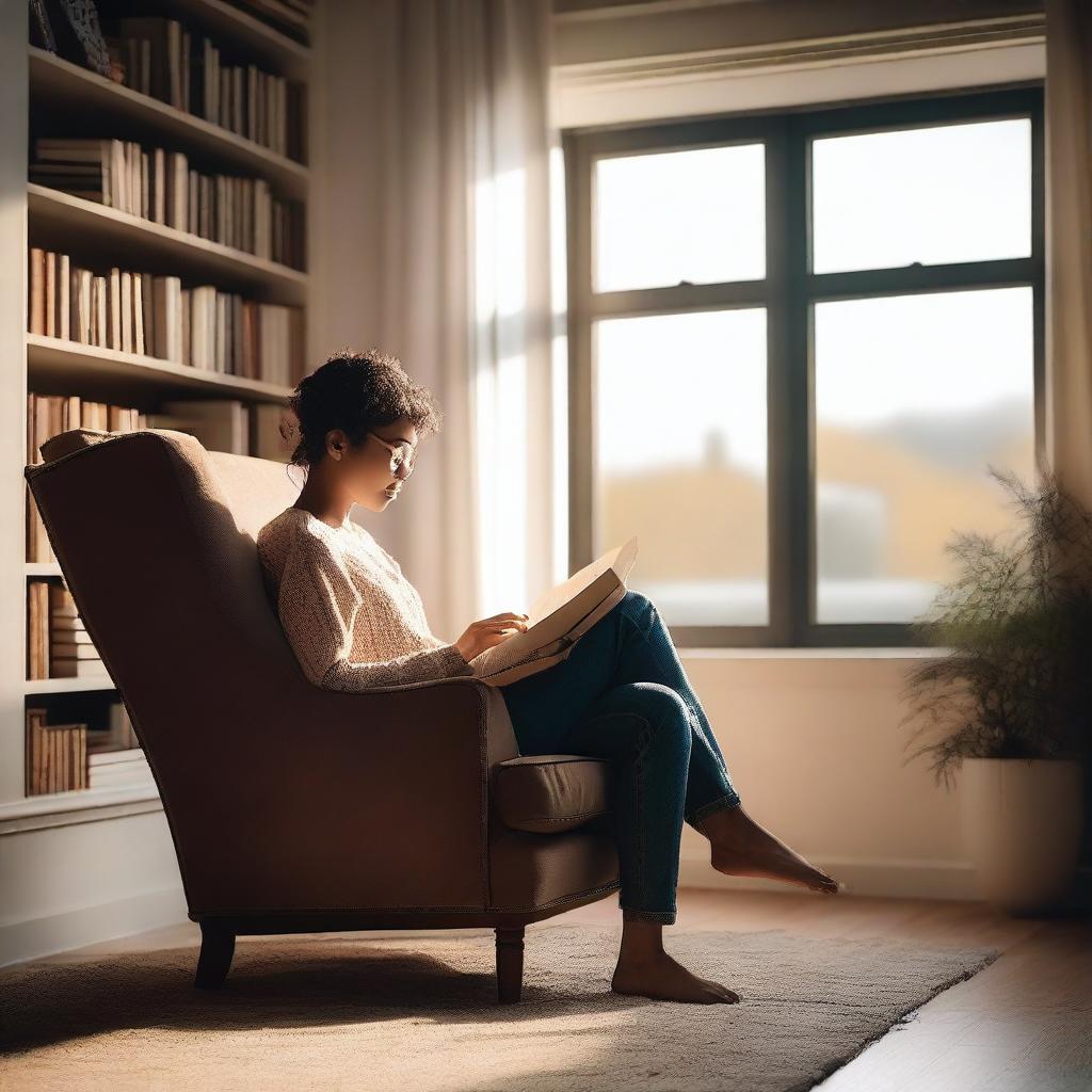 A serene and cozy scene of a person reading a book in a comfortable chair by the window