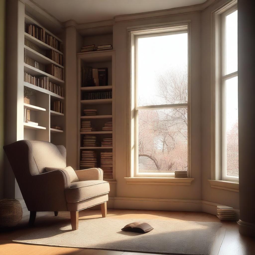 A serene and cozy scene of a person reading a book in a comfortable chair by the window