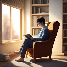 A serene and cozy scene of a person reading a book in a comfortable chair by the window