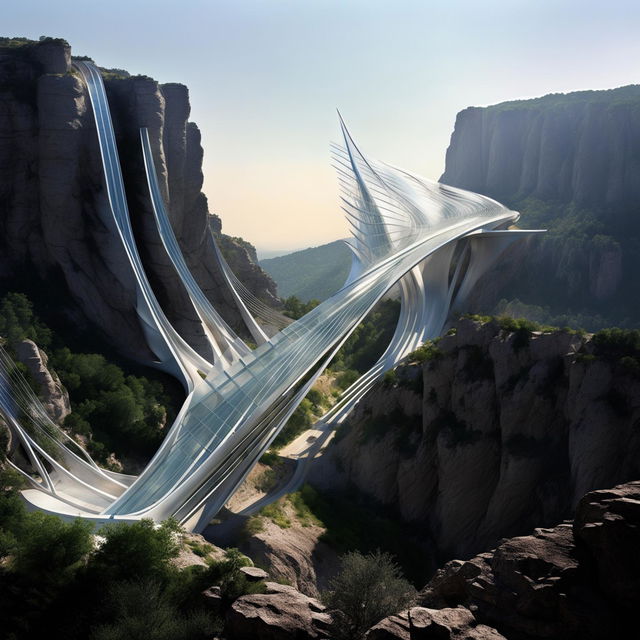 A Santiago Calatrava-inspired architectural bridge spans an incredible distance of kilometres between two towering cliffs. The daytime sky casts soft light hues, and shards of light play off the structure's surfaces.