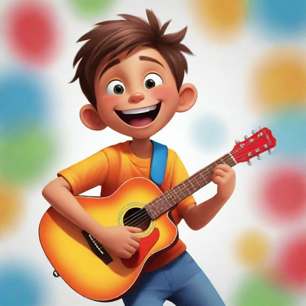 A cartoon young boy joyfully strumming a guitar, showing off vibrant colors and expressive emotions.