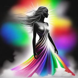 A divine goddess is adding a vibrant rainbow to a black and white figure she is creating