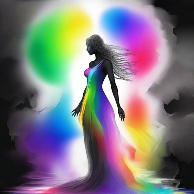 A divine goddess is adding a vibrant rainbow to a black and white figure she is creating