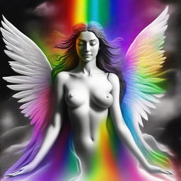 A divine goddess is adding a vibrant rainbow to a black and white figure she is creating