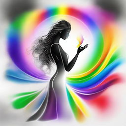 A divine goddess is adding a vibrant rainbow to a black and white figure she is creating