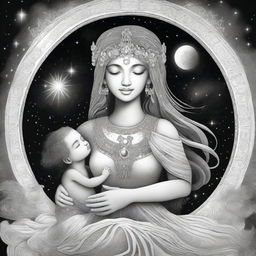 A majestic goddess depicted in black and white, holding a radiant child enveloped in a rainbow aura