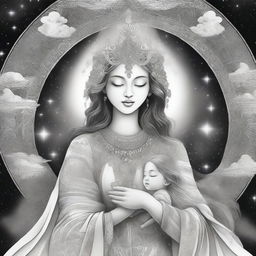 A majestic goddess depicted in black and white, holding a radiant child enveloped in a rainbow aura