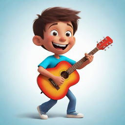 A cartoon young boy joyfully strumming a guitar, showing off vibrant colors and expressive emotions.