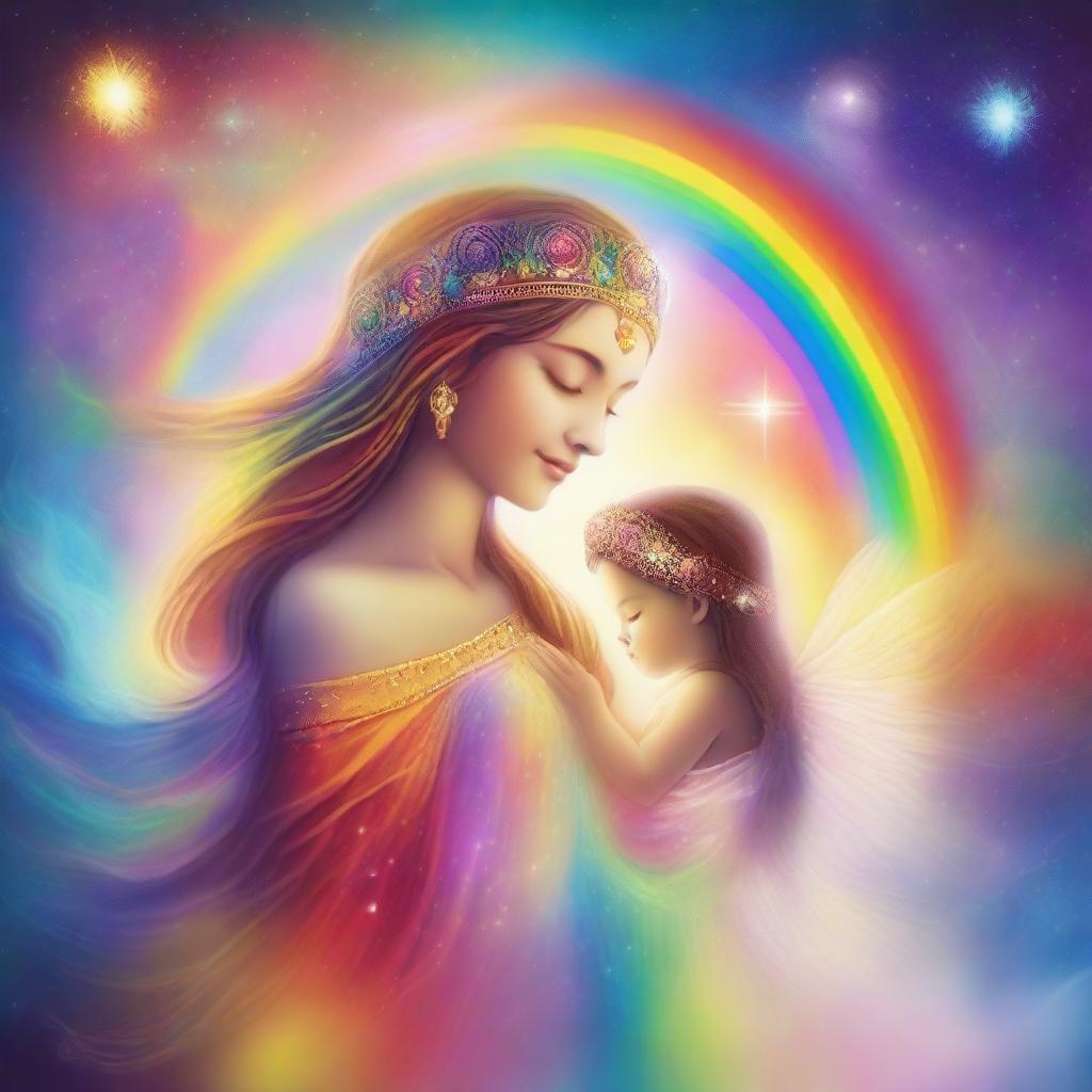 A majestic goddess holding a radiant child enveloped in a rainbow aura