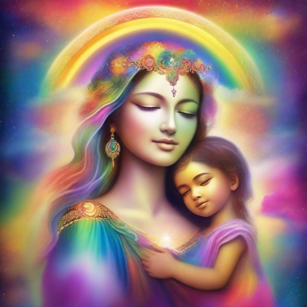 A majestic goddess holding a radiant child enveloped in a rainbow aura