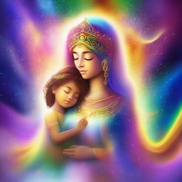 A majestic goddess holding a radiant child enveloped in a rainbow aura