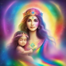 A majestic goddess holding a radiant child enveloped in a rainbow aura