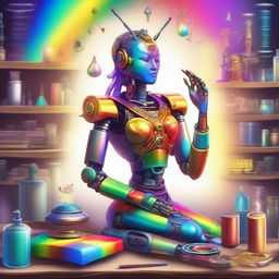 A divine goddess is in her mystical workshop, building a robot using a rainbow