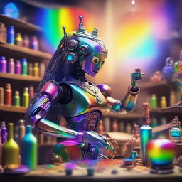 A divine goddess is in her mystical workshop, building a robot using a rainbow