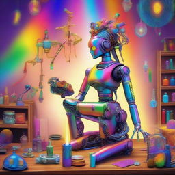 A divine goddess is in her mystical workshop, building a robot using a rainbow