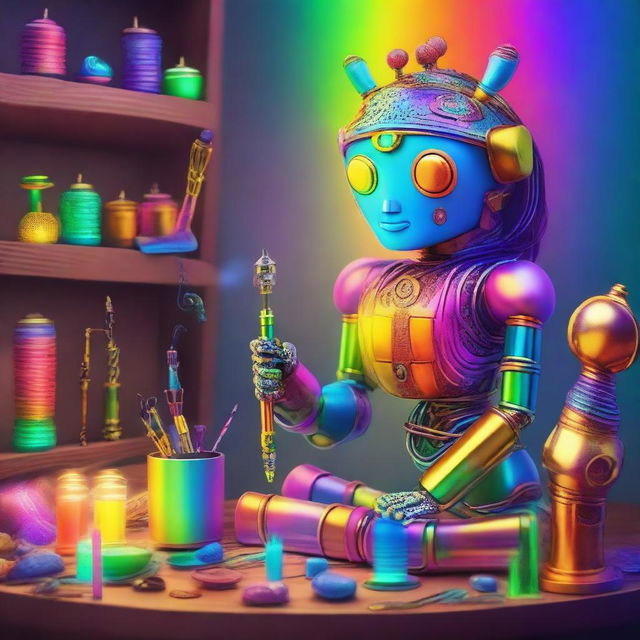 A divine goddess is in her mystical workshop, building a robot using a rainbow