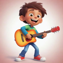 A cartoon young boy joyfully strumming a guitar, showing off vibrant colors and expressive emotions.