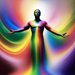 A divine god is in the process of creating a person made entirely of rainbow colors